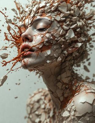 The primary subject of the image is a woman with a head made of rocks and a face covered in blood. The setting is a dark room, and the visual style is a digital art or illustration. The dominant colors are red and brown, creating a dramatic and intense atmosphere.